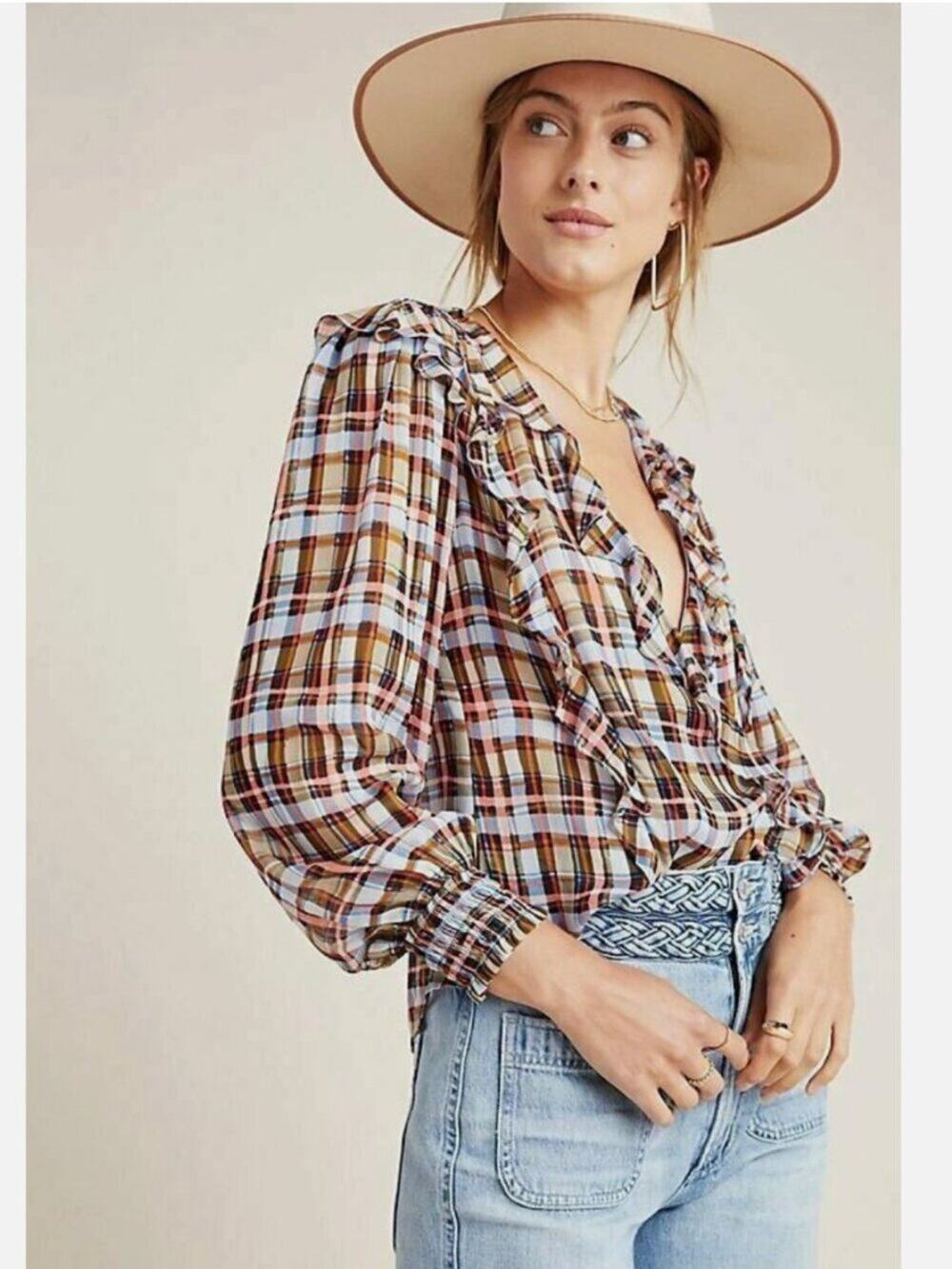 Anthropologie Maeve Laila Ruffled Plaid Blouse